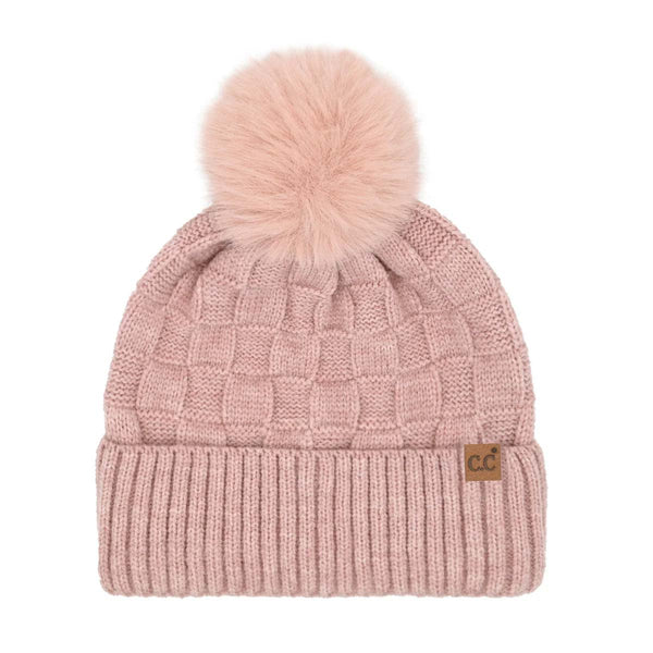 CC Beanie Woven Checkered Texture Pom Hat